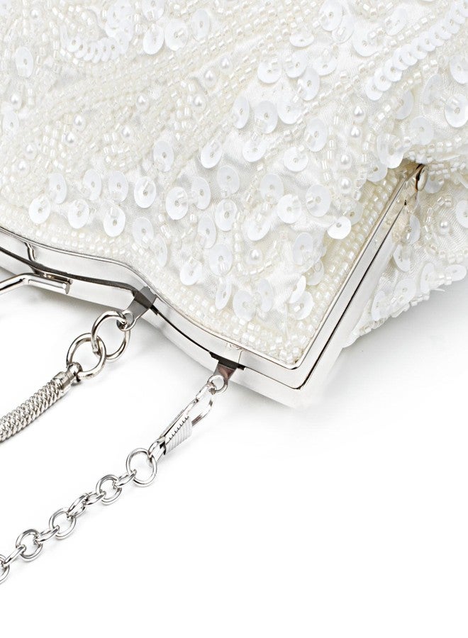 Simcat Beaded Sequin Flower Evening Purse Large Clutch Bag (White) - Image 4